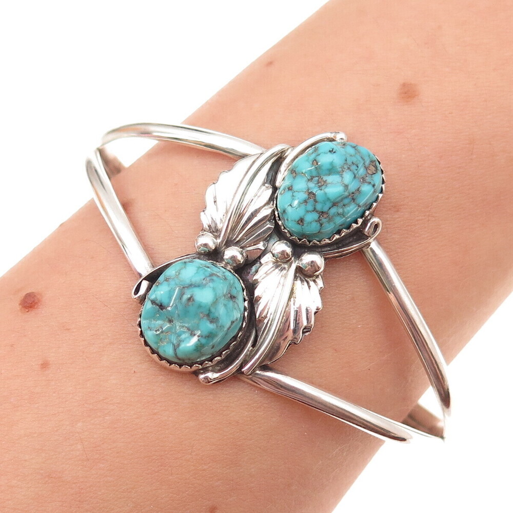 Old Pawn 925 Sterling Silver Vintage Turquoise Floral Adjustable Bracelet 6.25"